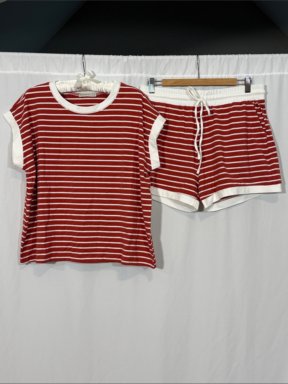 Zenana Red & White Striped Short Sleeve & Short Set